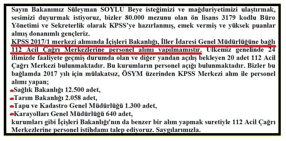 Sayın Valim likayata uygun kasımda merkezi atama istiyoruz, valiler toplantısında 112 AÇM lere personel alımı bekliyoruz
<a href="/ValiAKSOY/">Hüseyin AKSOY</a>