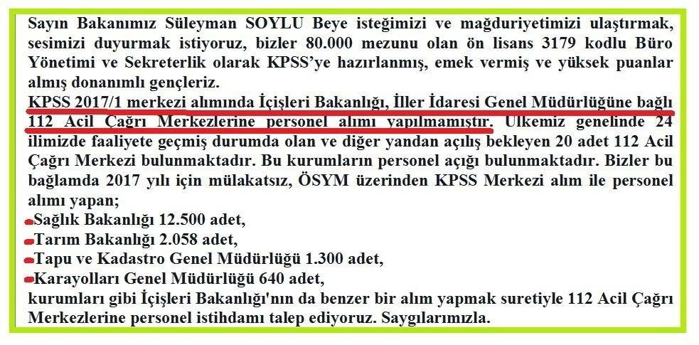 Sayın Valim likayata uygun kasımda merkezi atama istiyoruz, valiler toplantısında 112 AÇM lere personel alımı bekliyoruz
<a href="/ersinyazici1/">Ersin YAZICI</a>
