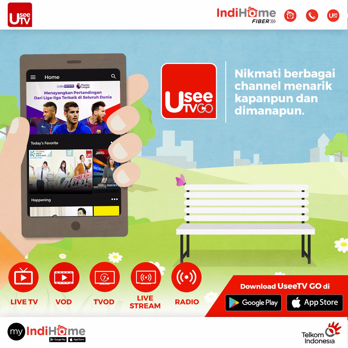 TelkomIndonesia's tweet photo. Dengan UseeTV GO dari @Useetvcom, Sobat bisa menikmati berbagai channel menarik kapanpun dan dimanapun. Penasaran? Download sekarang yuk! https://t.co/gA4yQxIPQd