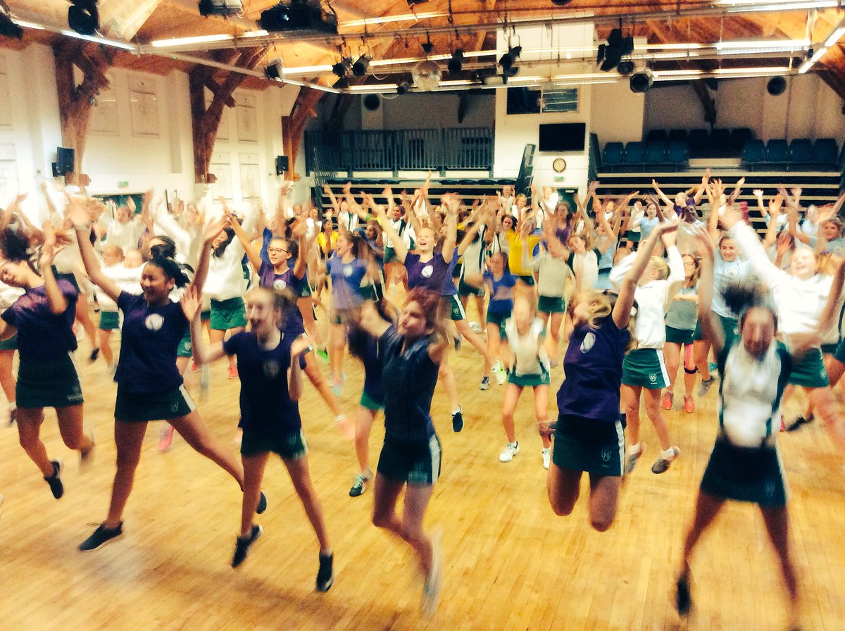 SHSYear8's tweet photo. Smiles on faces at the first @SurbitonHigh collapsed PSHE day. Getting warmed up for a 1-hour cheer challenge #scopeday https://t.co/fDGlNFWMU5