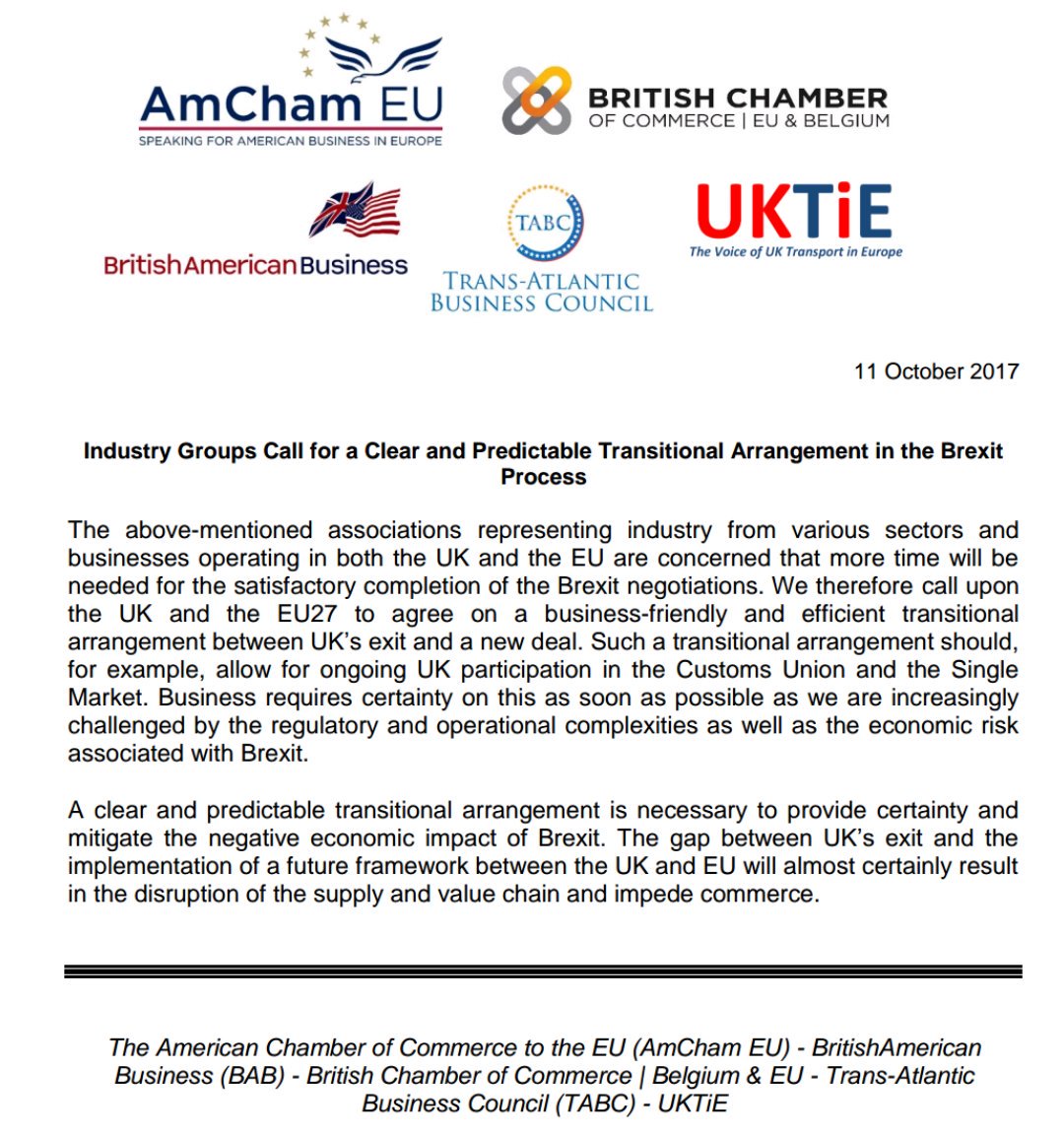 Industry calls for a clear and predictable transitional arrangement in #Brexit  <a href="/TABC_Council/">TABC</a> <a href="/AmChamEU/">AmCham EU</a> @BABPolicy @BritchamBxl <a href="/UKTiEurope/">UK Transport in Europe (UKTiE)</a>