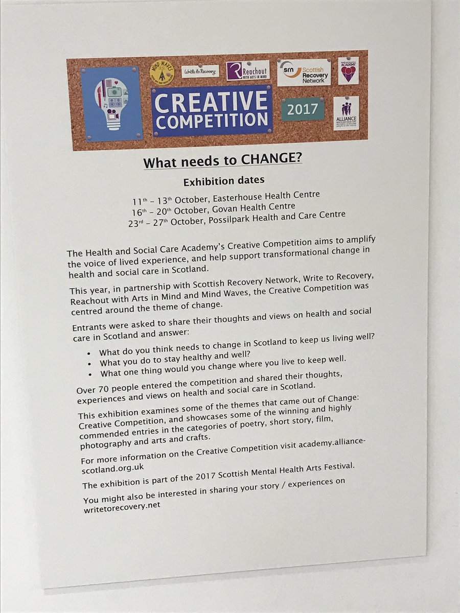 gas1883's tweet photo. Love the set up of @HandSCAcademy @SRN_Tweet creative competition exhibition at Easterhouse Health Centre today! Some great entries. https://t.co/272qP20kR4