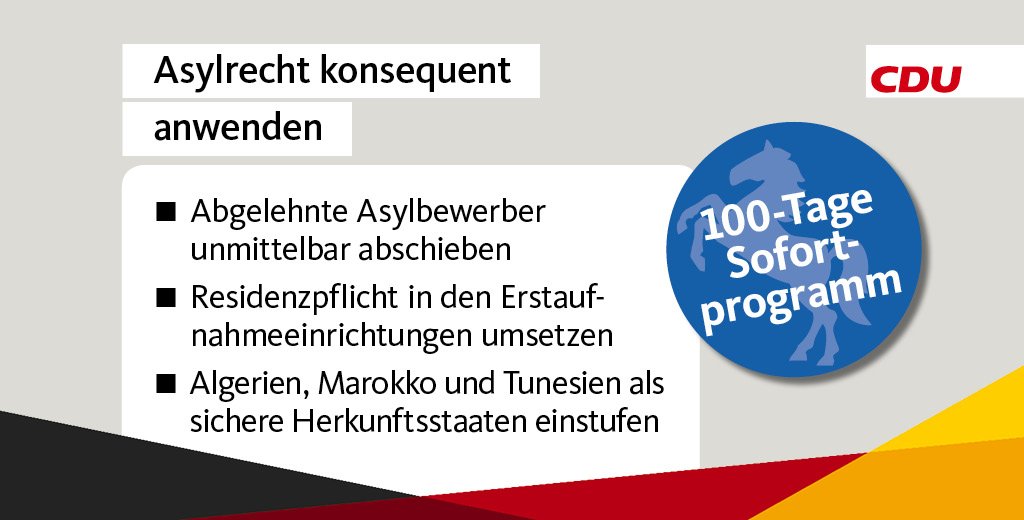CDU's tweet image. &quot;Menschen die bei uns Schutz suchen, müssen die Werte unseres Grundgesetzes achten.&quot; @althusmann #ltwnds #100TageProgramm #nachvorne