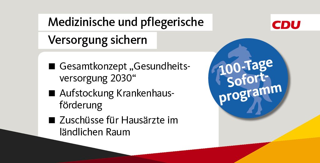 CDU's tweet image. Wir werden dafür sorgen, dass jeder Bürger eine hochwertige und gut erreichbare Gesundheitsversorgung erhält. #100TageProgramm #ltwnds
