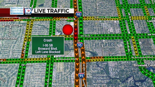 CRASH: I-95 SB & Broward Blvd. A left lane is blocked; delays stretch past Oakland Park Blvd. #TRAFFIC https://t.co/tuaYmFNHya