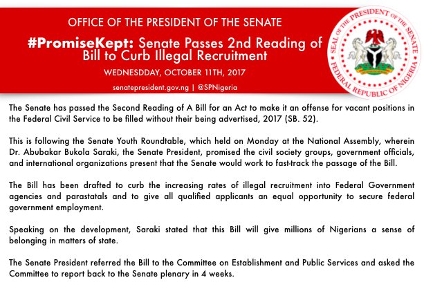 SP8thNGRSenate's tweet photo. #PromiseKept: The @NGRSenate just passed the 2nd Reading of a Bill to Curb Illegal FG Recruitment following the #SenateYouthRoundtable. https://t.co/HZx2TQqLth