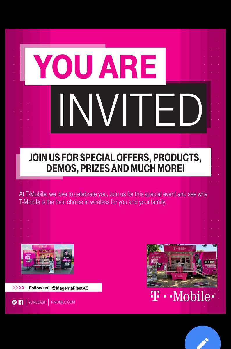 Join us today 1-7pm
7750 State Ave, KCK  
Prizes, Demos, special offerrs and much more!! 
<a href="/QuinnMcConnell3/">Quinn McConnell</a> @MagentFleetKC @chris_tmobile