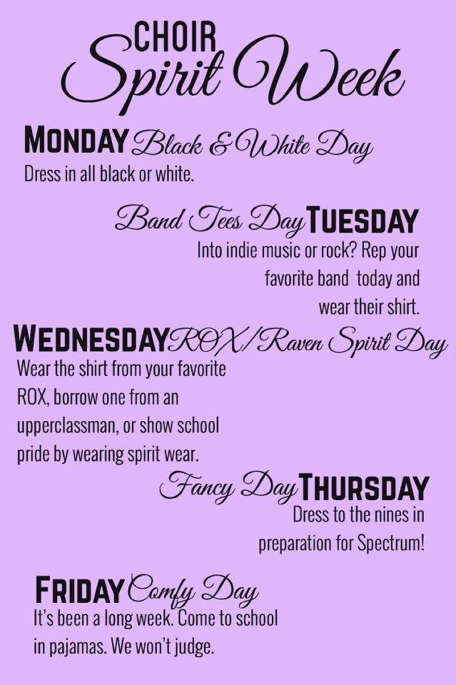 ROHSChoirs's tweet photo. Next week is Spectrum spirit week! Show some choir pride! https://t.co/3hfp91jnBm