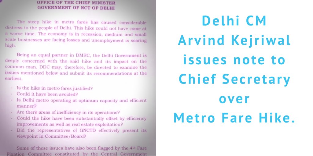 AamAadmiParty's tweet photo. Delhi CM @ArvindKejriwal issues note to Chief Secretary over Metro Fare Hike. https://t.co/AjaUP72zaF