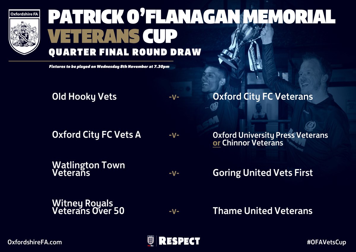 OxfordshireFA's tweet photo. COUNTY CUPS | Into the Quarter Finals already in the Patrick O'Flanagan Memorial #OFAVetsCup - here's the draw!
Good luck all! #OFARespect https://t.co/LU6wCJsqq4