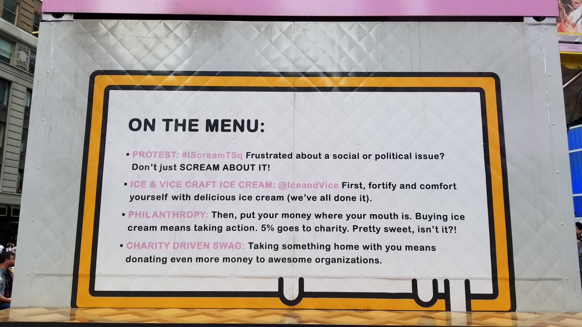TimesSquareNYC's tweet photo. Here's a sweet way to celebrate #DayoftheGirl: eat charity-driven @iceandvice ice cream in #TimesSquare & tweet a scream using #ISCREAMTSQ! https://t.co/grCwFQAQKo