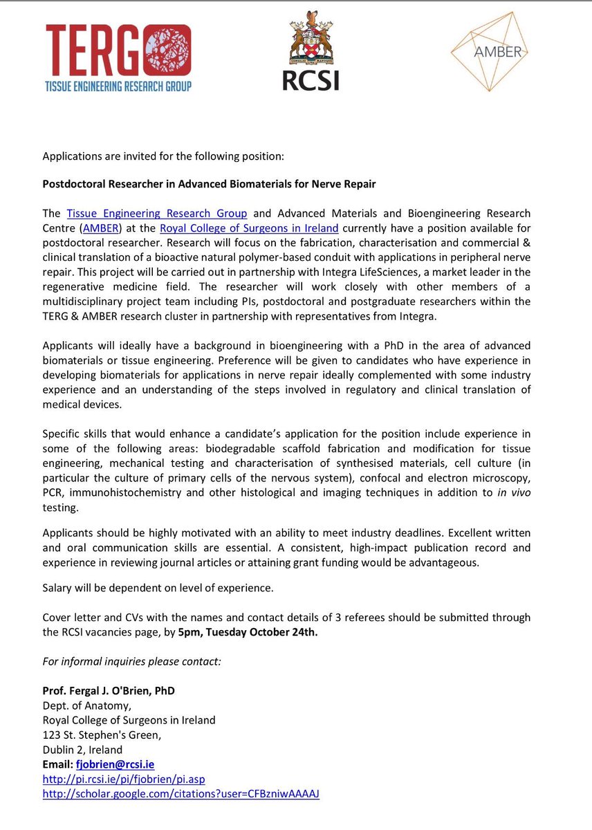 Post-doc/ research engineer vacancy: next generation device for nerve  repair with @integra_life & @ambercentre.