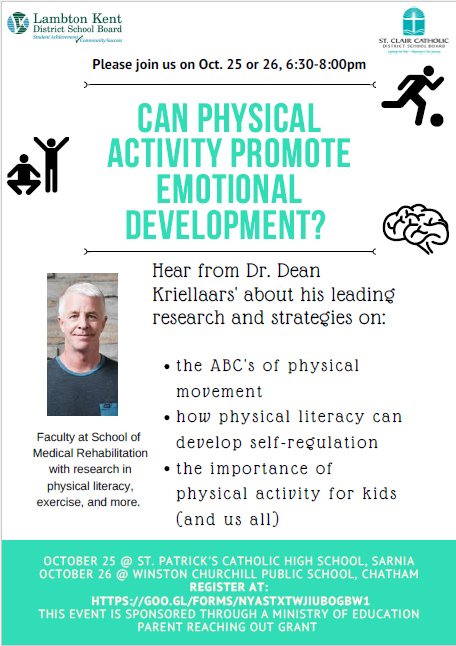 Dr. Dean Kriellaars presents "Can Physical Activity Promote Emotional Development?" on Oct. 25-26 <a href="/LKDSB/">Lambton Kent DSB</a> @SCCDSB. Register for the event at docs.google.com/forms/d/e/1FAI…