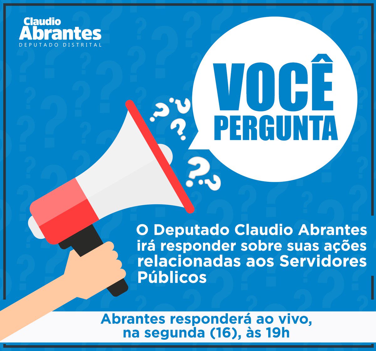 ClaudioAbrantes's tweet photo. Segunda (16), às 19h, estarei ao vivo falando sobre as ações para servidores públicos do DF na minha página do Facebook. Faça suas perguntas e acompanhe a Live em tempo real clicando nesse link https://t.co/47ZNPVgsLP
#VocePergunta #aovivo https://t.co/dHVUd2EhFN