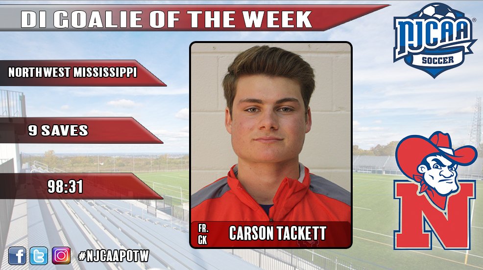 NJCAA's tweet image. Carson Tackett stopped nine shots, including a crucial overtime save in Northwest's win to earn DI men's soccer goalie #NJCAAPOTW honors