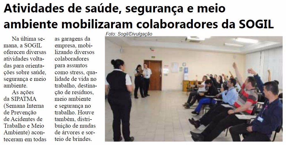 SOGIL_Oficial's tweet photo. Saiu no @jornalgravatai: Atividades de saúde, segurança e meio ambiente mobilizaram colaboradores da #SOGIL. 🌿🙆🙆♂️😊 #SaiuNoJornal #SIPATMA https://t.co/sK2NlFo6Uh