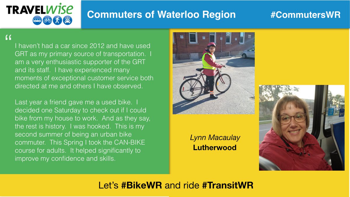 TravelWiseWR's tweet image. Say hi to Lynn of @Lutherwood our featured Commuter of Waterloo Region who bikes and rides the @GRT_ROW bus to work #CommutersWR #BikeWR