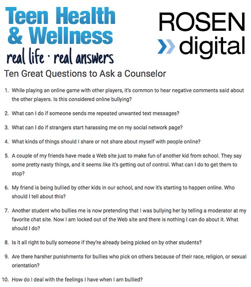 RosenDigital's tweet photo. For #BullyingPreventionMonth, here's a list of questions teens can ask a trusted adult if they are being bullied: https://t.co/J8mBPpl3mF https://t.co/ZItu19b6ik