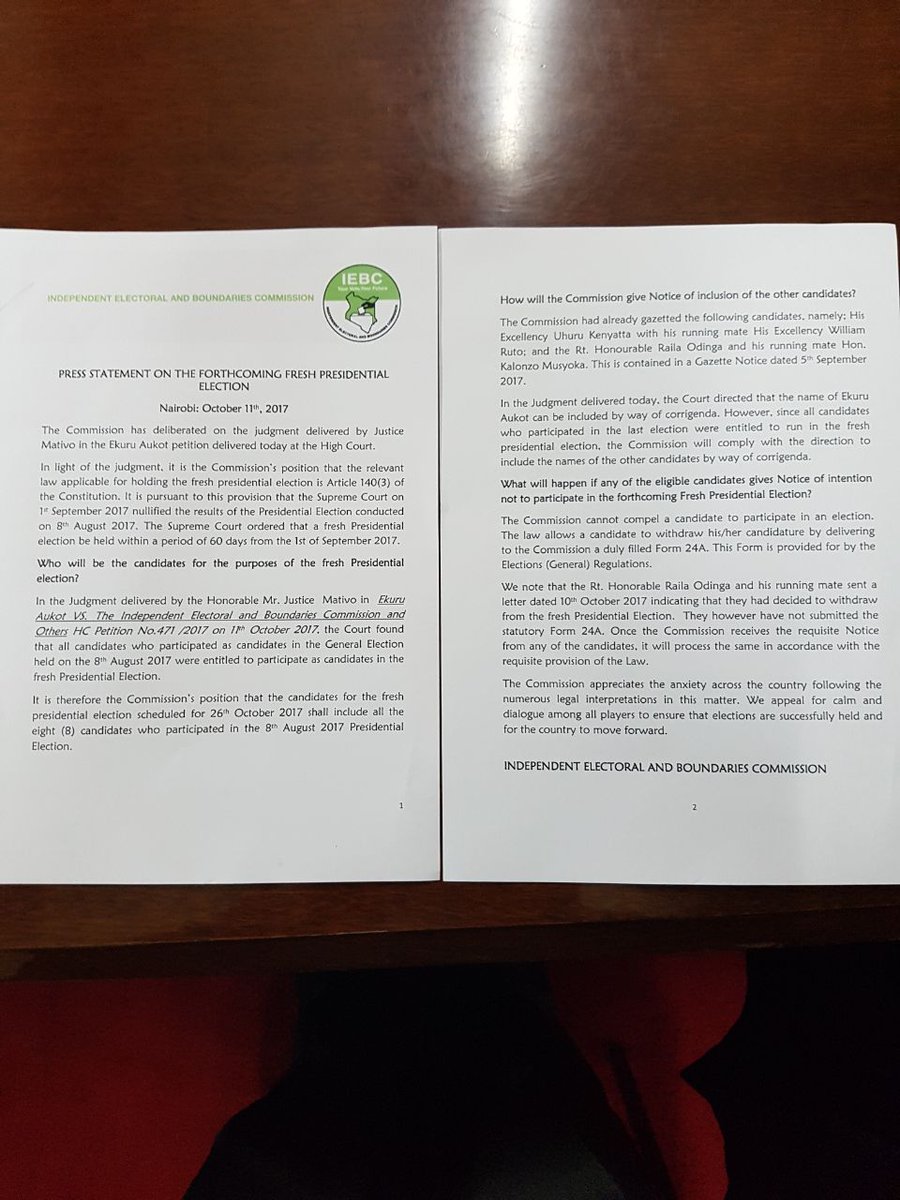 ahmednasirlaw's tweet photo. IEBC sets the record straight...presidential election confirmed for 26th October... https://t.co/v4EcrAQFP5