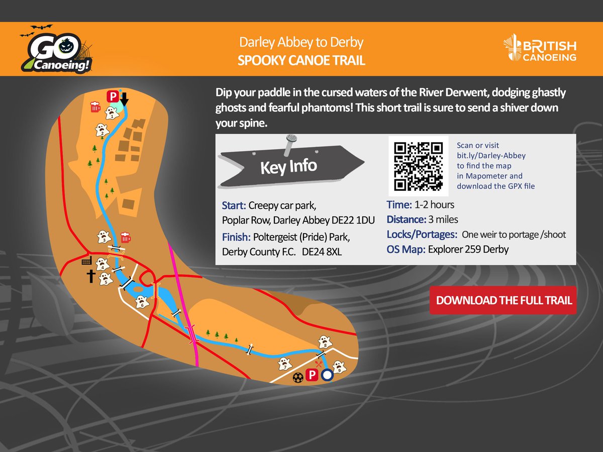 👻 SPOOKY CANOE TRAIL 👻
📌 Darley Abbey to Derby
🏁 3 miles 
Full canoe trail w/ spooky stories  ➡️  ow.ly/MAbP30fF5b9