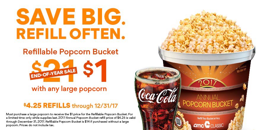 Download Amc Theatres On Twitter Get A 2017 Refillable Popcorn Bucket For 1 With Any Large Popcorn Get 4 25 Refills Thru 12 31 17 At Amc Classic Https T Co 9xtw5oy3dr Https T Co Rtmb6yvxoa