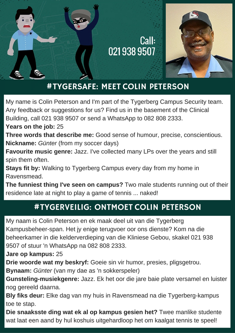 SUhealthsci's tweet photo. #TygerSafe: Meet Colin Peterson, who is part of the Tygerberg Campus Security team. // #TygerVeilig: Ontmoet Colin Peterson. #campussecurity https://t.co/vwl7PCmS2n