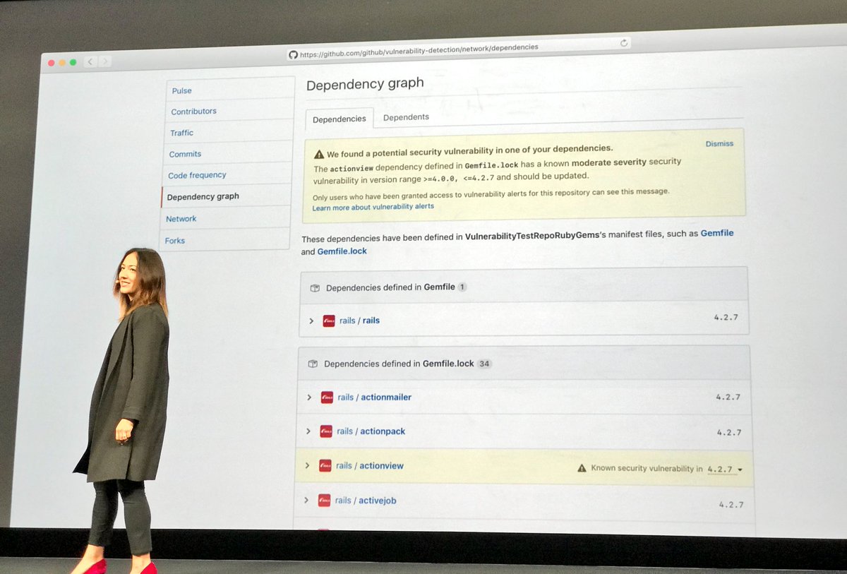 E0M's tweet image. .@github will now give you security alerts on your dependency graph! @mijuhan at @githubuniverse