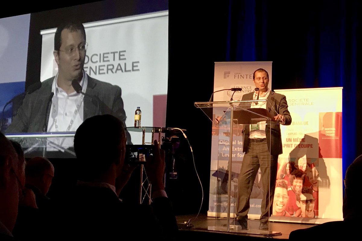 camusyan's tweet photo. AI at Societe Generale. Opening session by Mohamed El Khadiri at #FinTechMTL https://t.co/rtJ7BFaqO7