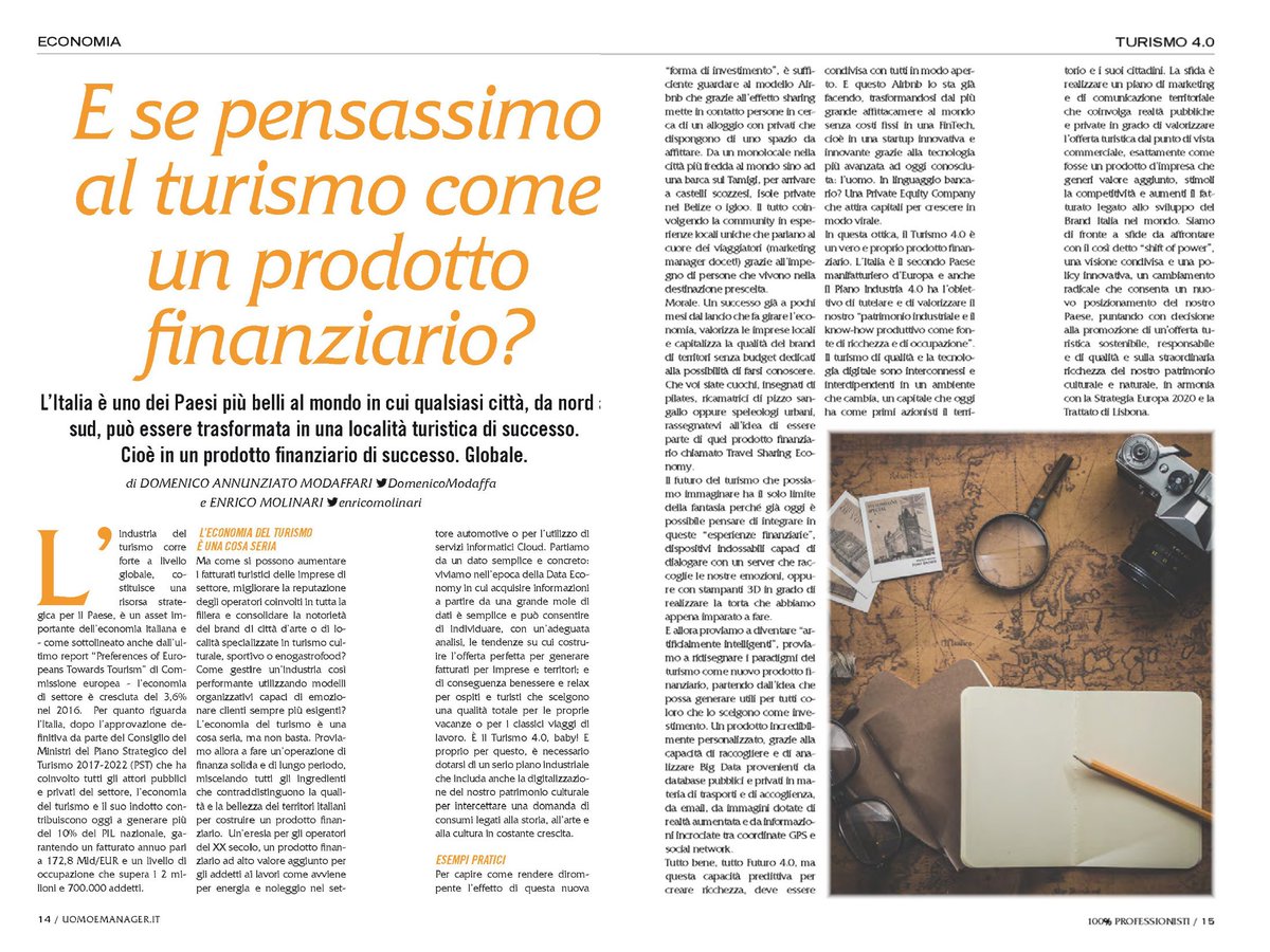 enricomolinari's tweet photo. È uscito mio contributo su @UomoManager con @DomenicoModaffa su come il #turismo sia un prodotto finanziario dirompente per #Italia! #PST22 https://t.co/I0F2T45R2t