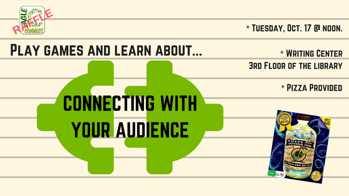 CmuWriting's tweet photo. Get ready for the next Writing Center workshop. We'll play games and learn about connecting with our audiences. Pizza and a raffle! https://t.co/TOcfy38wCx