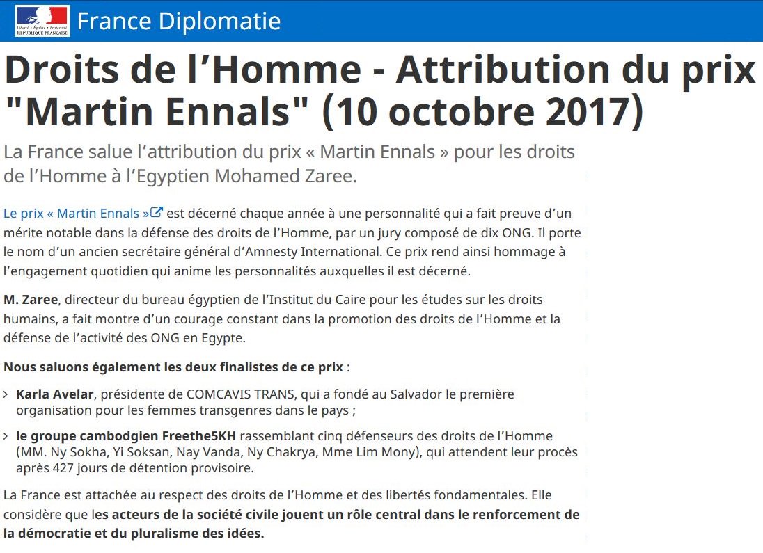 FranceenEgypte's tweet photo. La #France salue l'attribution du prix @martinennals pour les droits de l'Homme à l’Égyptien M. Mohamed Zaree, directeur du @CIHRS_Alerts. https://t.co/EAAlF1EE1P