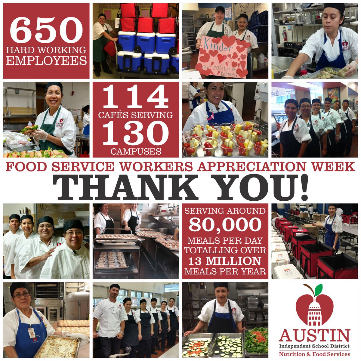 AustinISDFood's tweet photo. We're celebrating #FoodServiceWorkersAppreciationWeek @AustinISD! #AISDproud of our amazing teams serving healthy, tasty meals each day! https://t.co/nQCJ7GSvAb