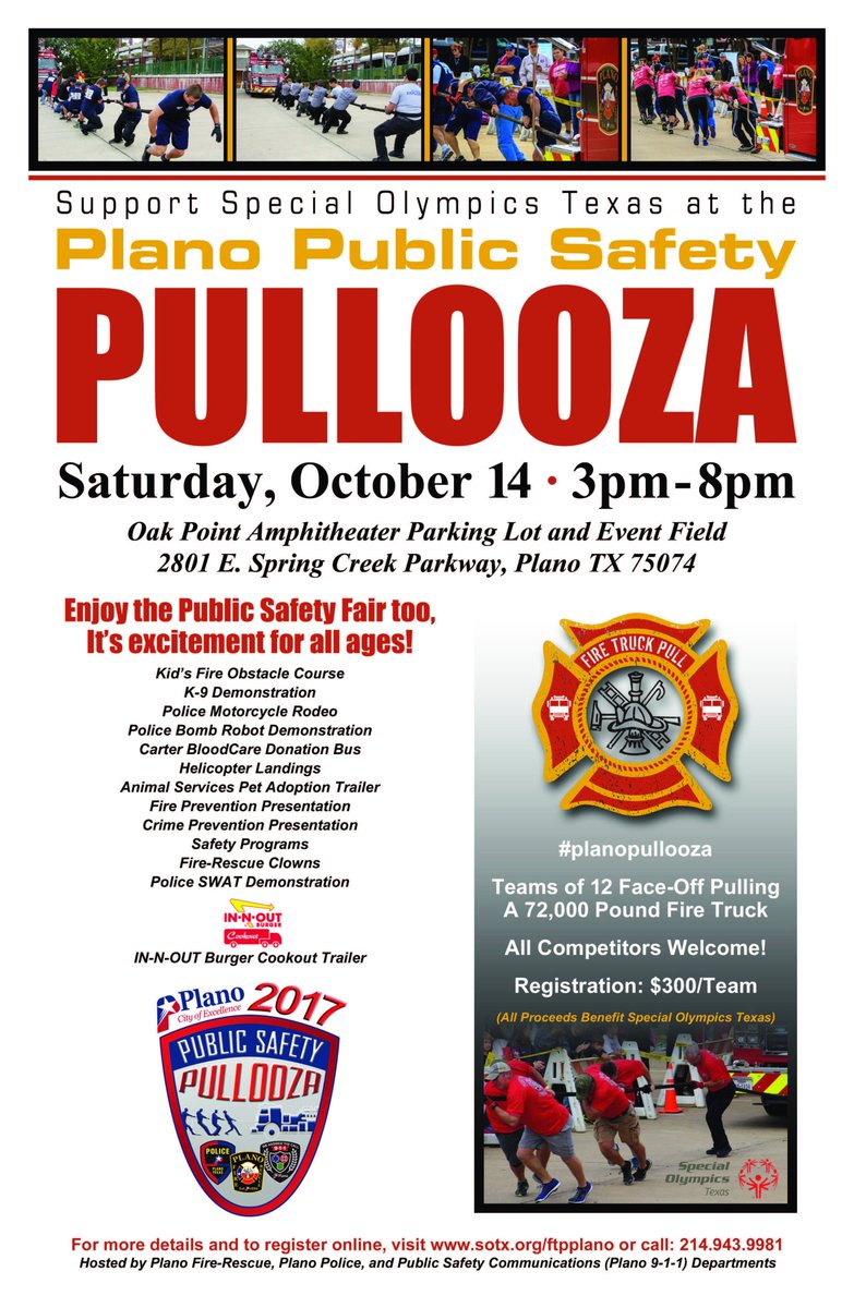 PlanoFireRescue's tweet photo. A ton of fun packed into Saturday's #planopullooza! Safety info &amp; a fire truck pull competition to benefit @SOTexas. https://t.co/la09pHvpSU