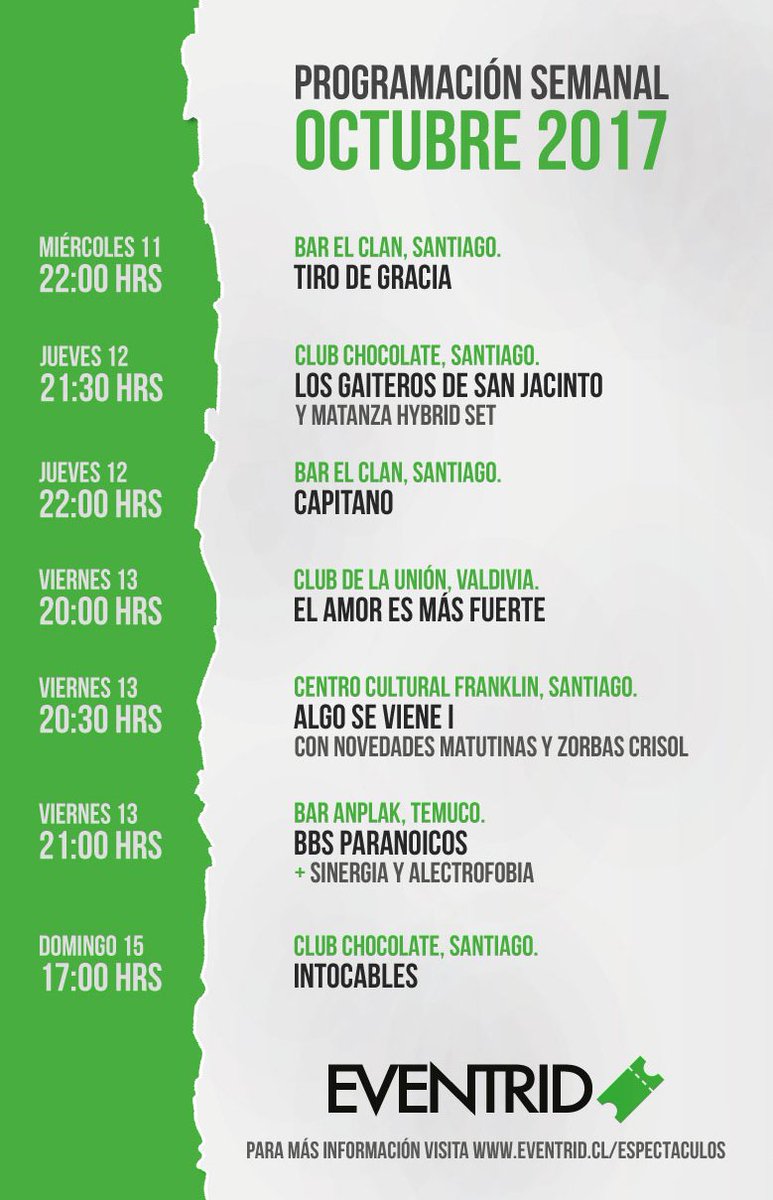 La mejor cartelera Nacional de espectáculos está en #Eventrid. No dejes de asistir a la mejor #Luchalibre #standupcomedy y #musicachilena en #santiago, #temuco y #valdivia.