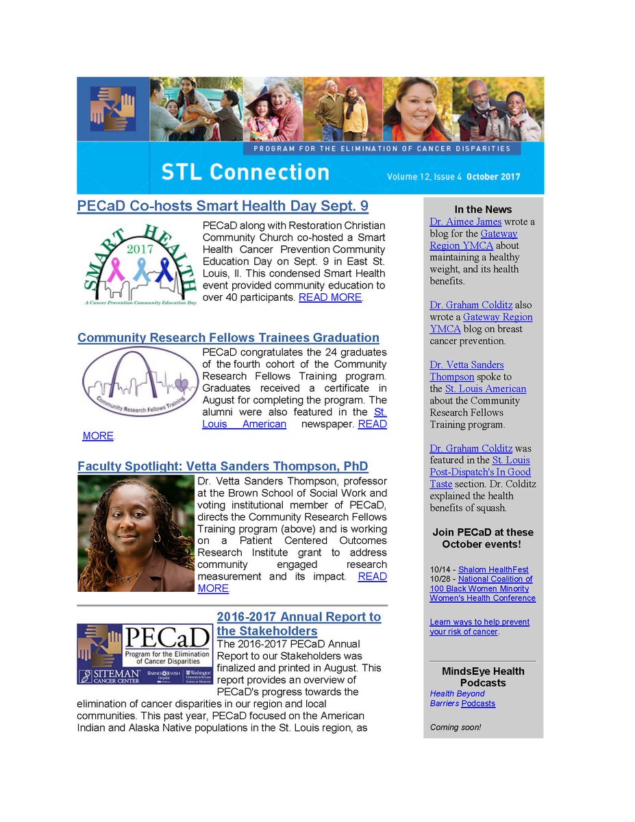 WUSTLphs's tweet photo. October's e-newsletter for the Program for the Elimination of #Cancer Disparities, (#PECaD) is available! #CancerCHE https://t.co/at4HU9TPbx https://t.co/ynLlj73wcM