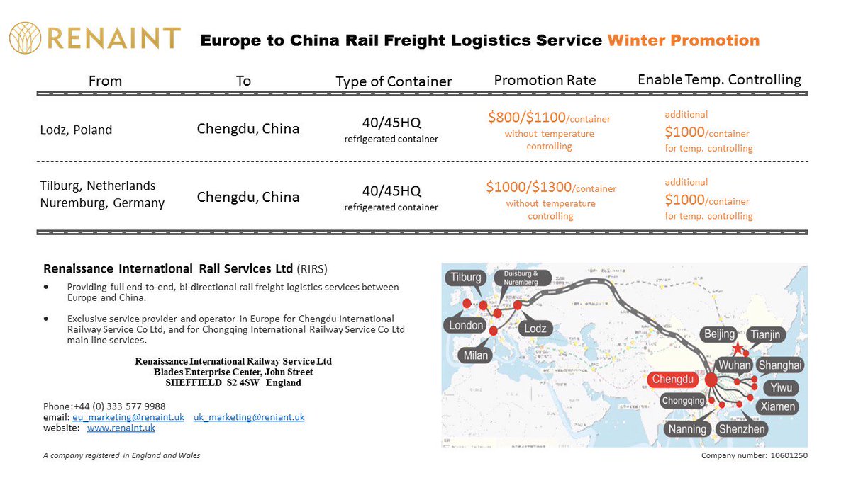 We are providing very low price ($800/container from Lodz to Chengdu) for rail freight shipping service before December 31, 2017.