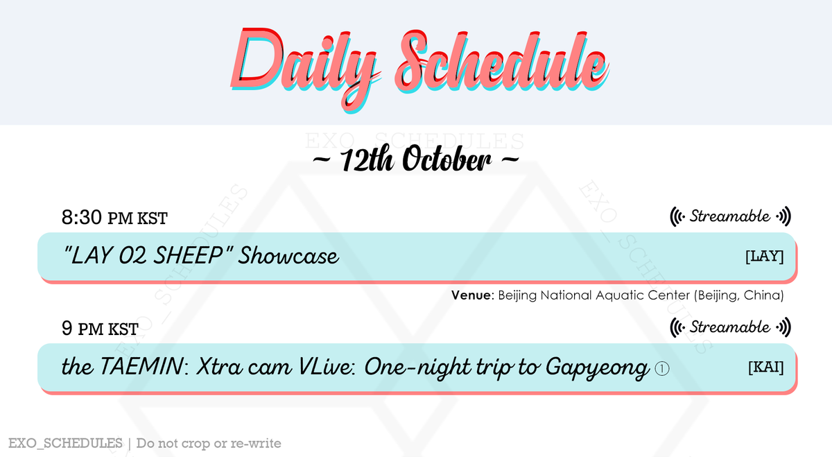 exo_schedules's tweet photo. DAILY SCHEDULE 🗓 171012 | 12th October | #EXO Schedule

🕺 Album Showcase [1]
💻 V live + Broadcast [1]

Details in the image below https://t.co/lleXk9p8aa
