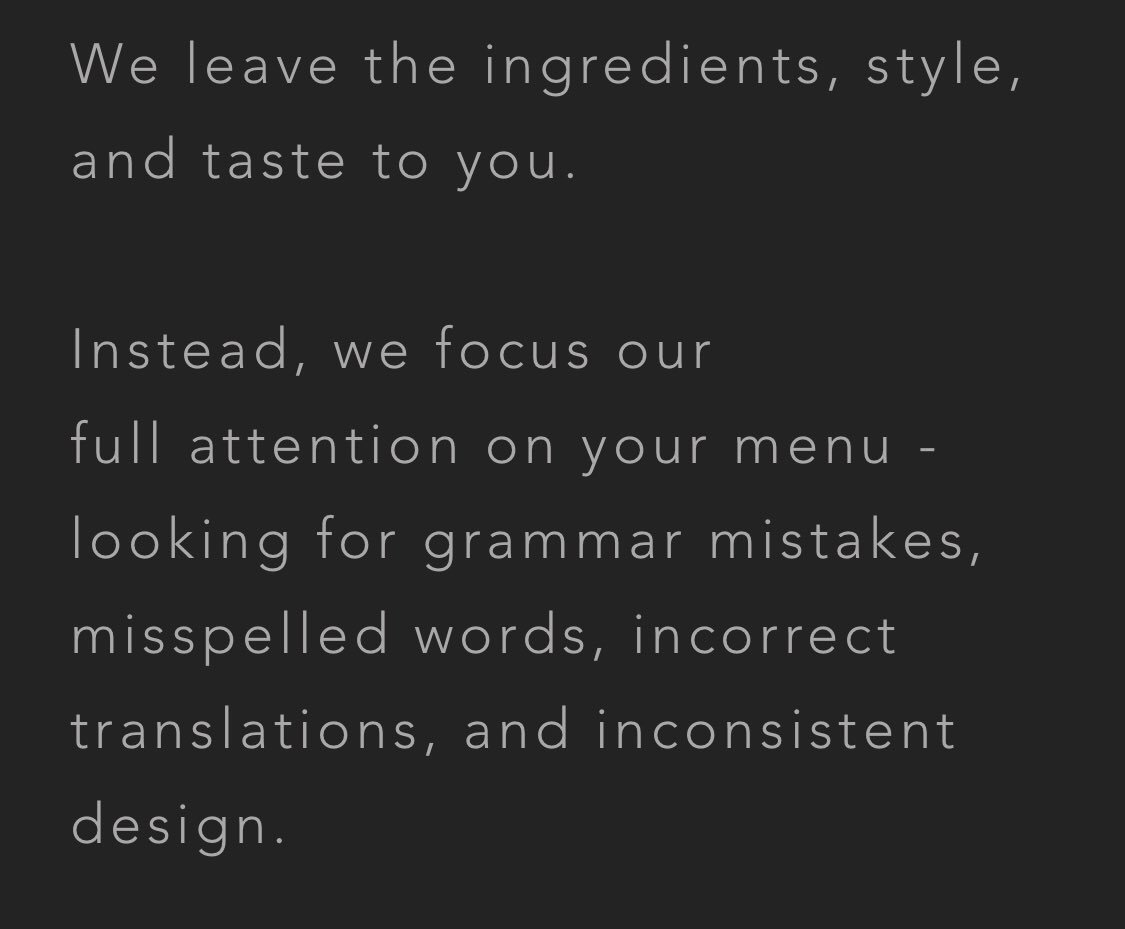 checkyourmenu's tweet image. We help your #restaurant make the best first impression possible - by ensuring your menu is 100% free of all #grammar &amp;amp; #spelling mistakes.