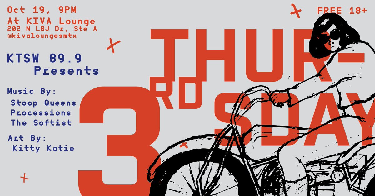 KTSW899's tweet photo. We've got lots of stuff coming up &amp; one is Third Thursday! @KIVA_smtx is the move, so come out on Oct. 19 &amp; enjoy some live music🎶 #SMTX https://t.co/qJlaAXihju