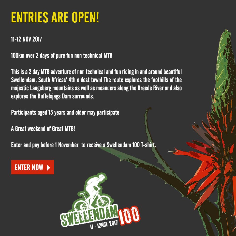 Swellendam 100 MTB - ENTRIES ARE OPEN. Enter Now &gt; bit.ly/2gcUv3l
#swellendam100mtb #mtb