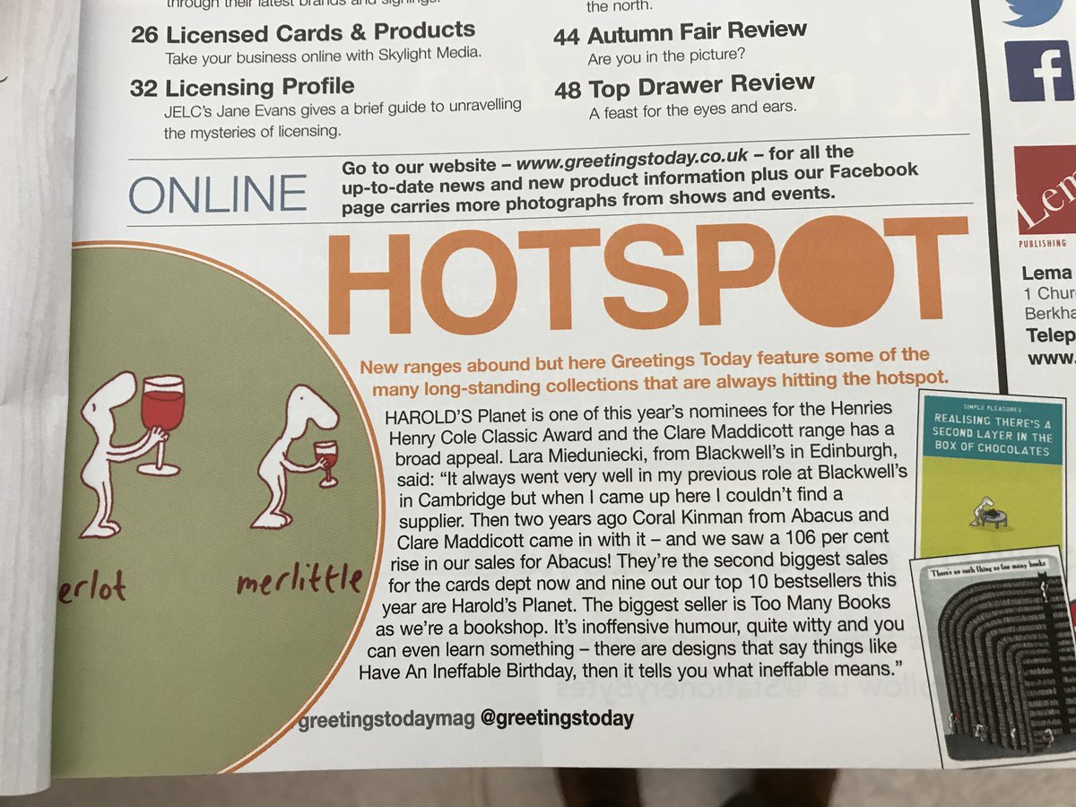 Many thanks to Lara <a href="/BlackwellEdin/">Blackwell's Edinburgh</a> for the lovely endorsement of Harold's Planet in the October <a href="/greetingstoday/">Greetings Today Mag</a>