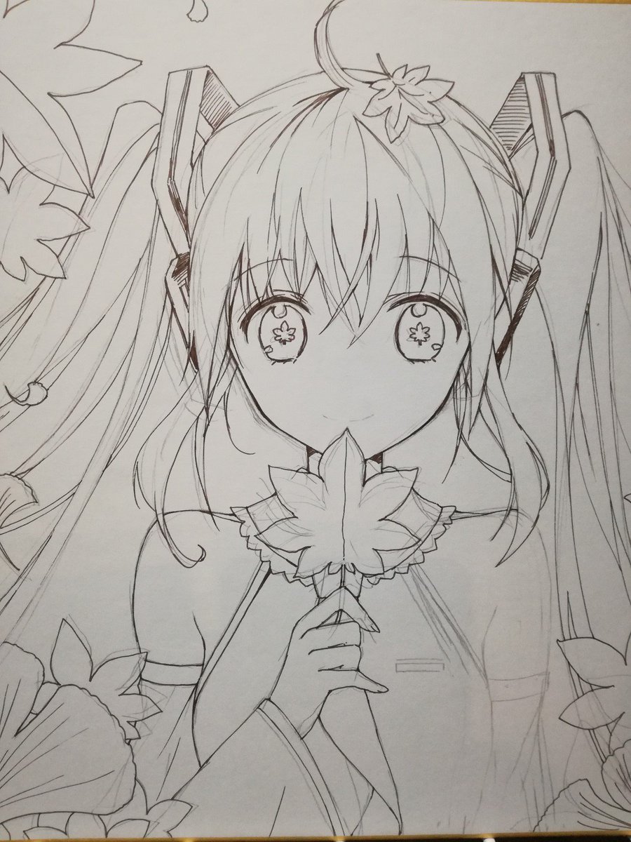 無謀にも正面……😇 久しぶりに色紙描いてます、お見かけの際はよろしくお願いします～秋っぽいミクちゃん途中🍁 