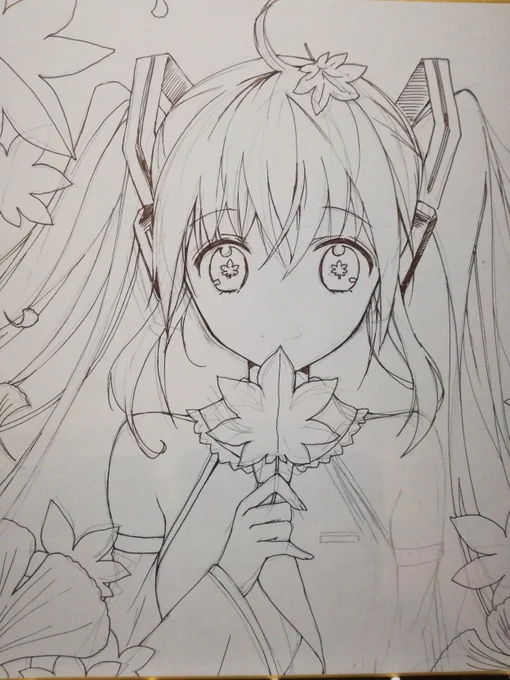 無謀にも正面……😇 久しぶりに色紙描いてます、お見かけの際はよろしくお願いします～秋っぽいミクちゃん途中🍁 