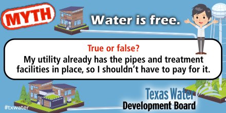 twdb's tweet photo. Do you think your #txwater utility already has pipes & treatment in place? Chk back tomorrow to find out if this #watermyth is true/false. https://t.co/xZJRjoUOUS