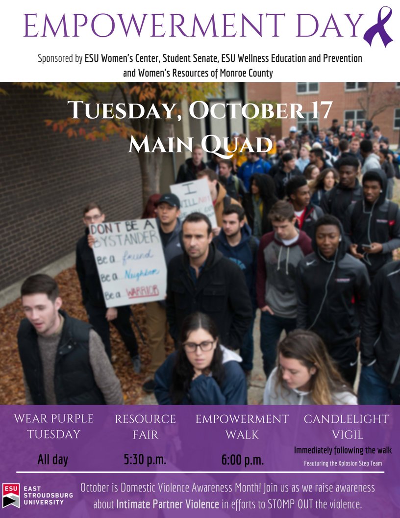 ESUWomensCenter's tweet photo. Join us for Empowerment Day on Tues., Oct. 17 in efforts to raise awareness about IPV! #StompOutIPV #StepUpESU #WearPurpleTuesdays https://t.co/HH8ijalMwX