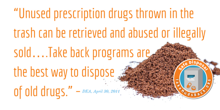 TakeMedsSerious's tweet photo. Unused Rxdrugs thrown in the trash can be retrieved and abused. #TakeBackCO is the best way for #SafeDisposal. https://t.co/CvLWhMLGjR https://t.co/khREdP5owj