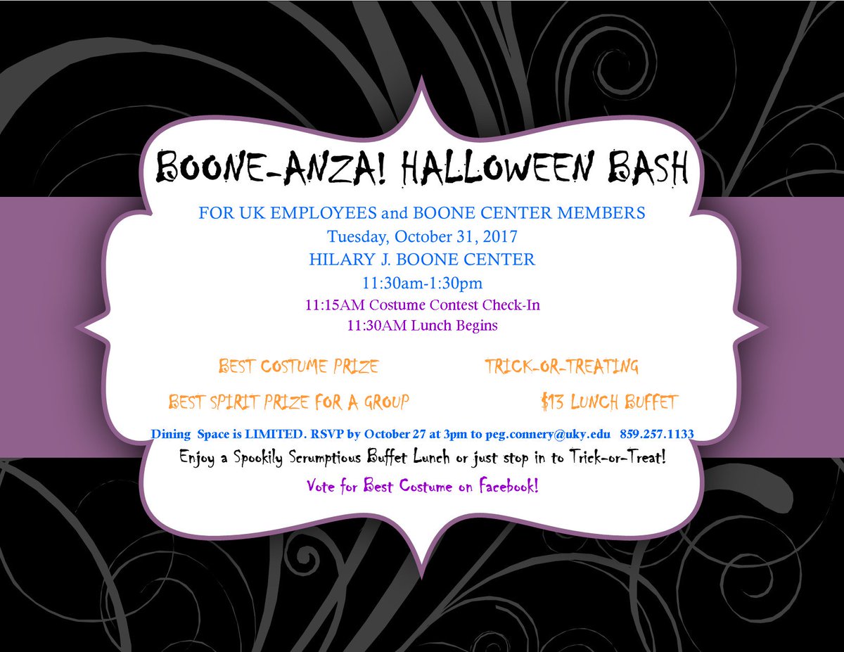 UK Employees &amp; Boone Center Members, join us for Boone-anza! on Oct. 31 for ghoulishly good eats &amp; fun!
#HALLOWEENPARTY2017 #Foodie #eats