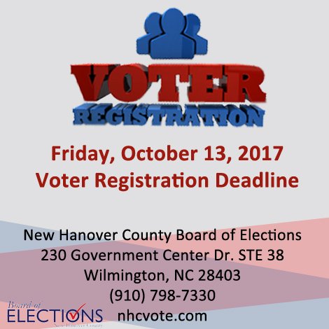 The voter registration deadline for the 2017 Municipal Elections is upcoming on Friday, October 13! Visit bit.ly/2i0UDn1 for more.