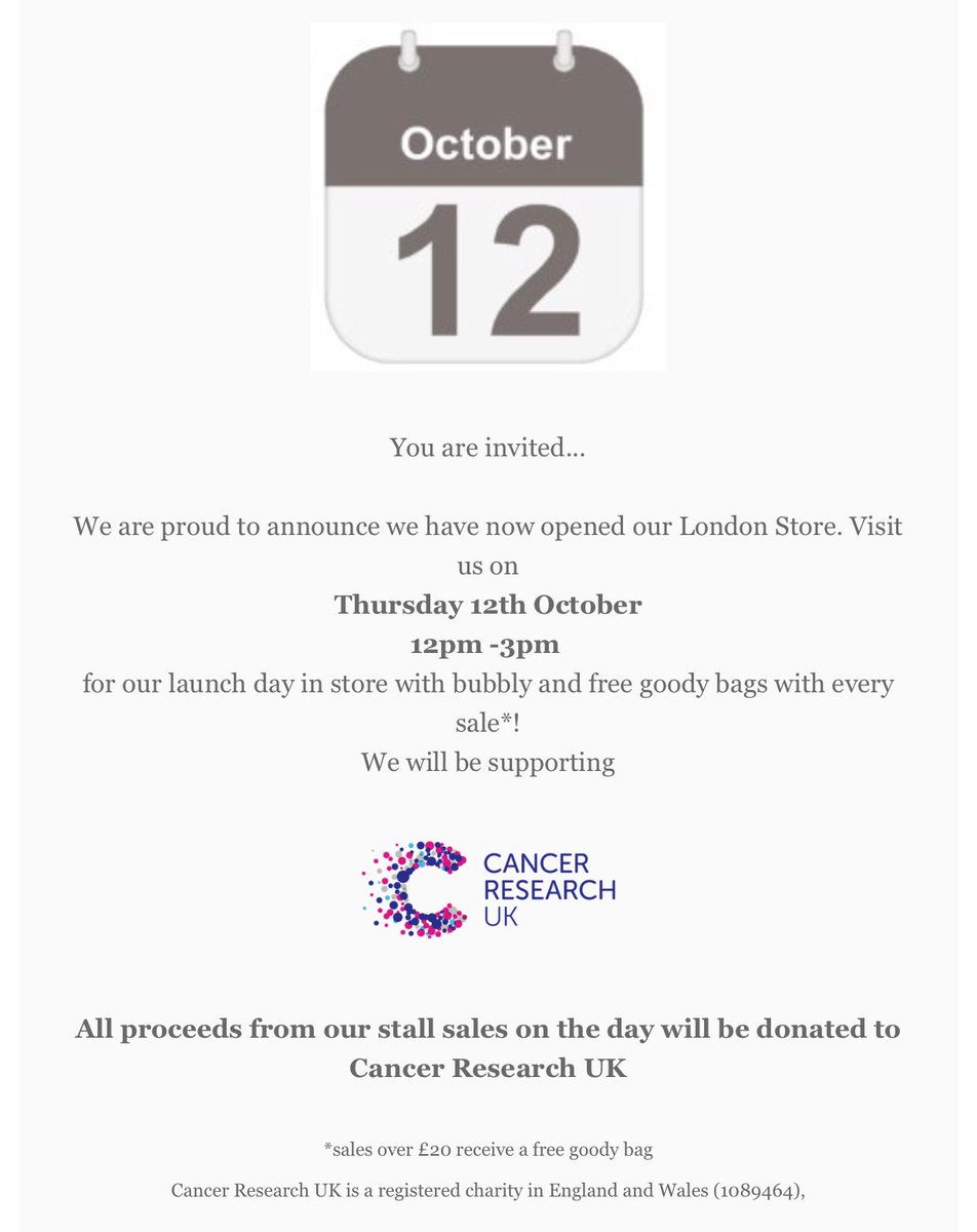 Visit us tomorrow from 12pm-3pm for our shop launch supporting Cancer Research UK ✨ Lots of goody bags and bubbles 😍