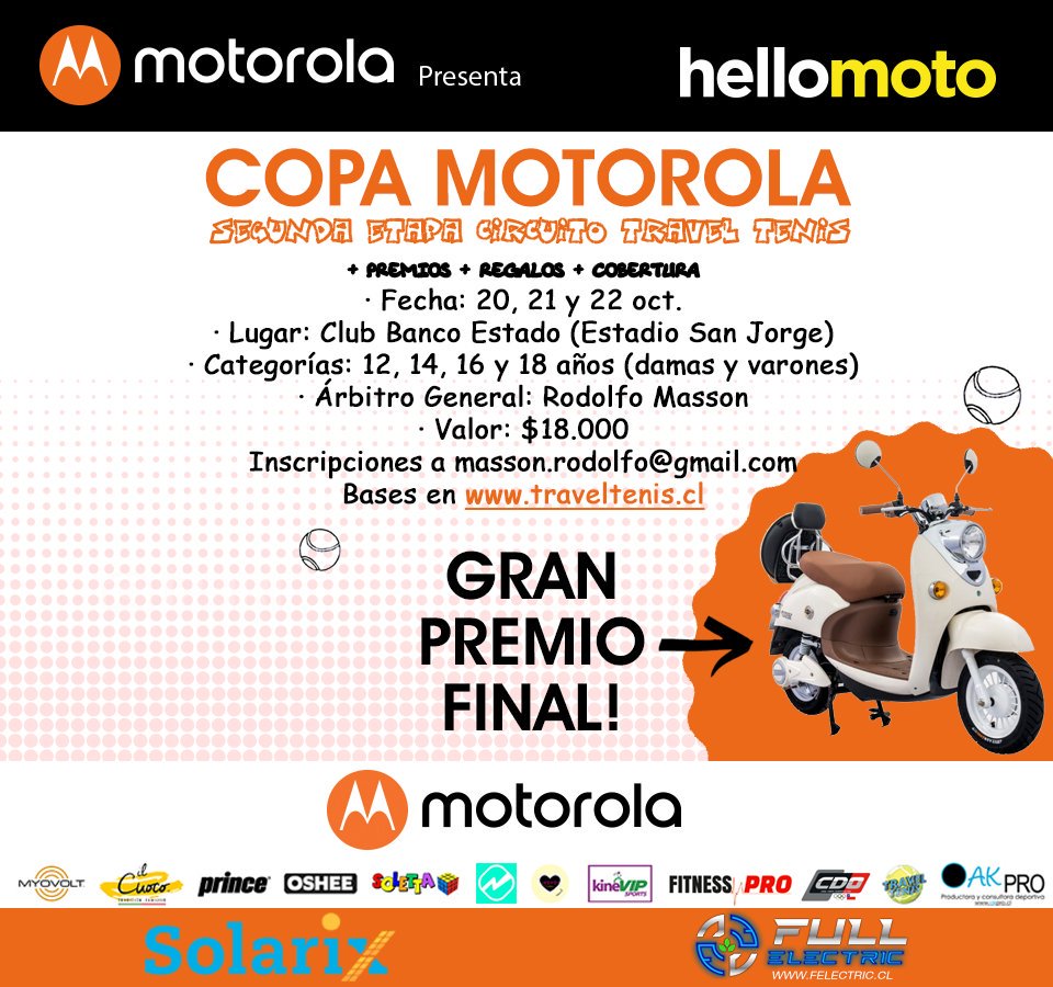traveltenis's tweet photo. COPA MOTOROLA🏆
Todos invitados! Torneo televisado y grandes premios, inclusive esta espectacular moto eléctrica 🛵 en juego! Rifa incluída! 🎁 https://t.co/G4vgJ5sF6k